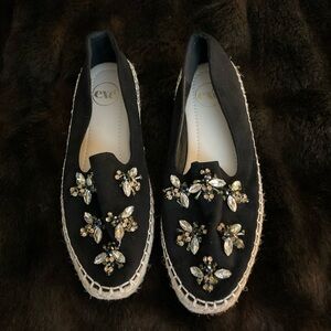 NEW JEWELED BEE EXE espadrilles 39 US 8 8.5 black faux suede